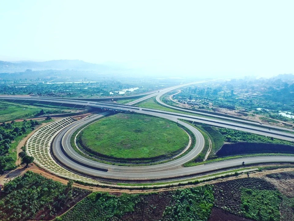 An aerial view of a road interchange on the Entebbe airport route